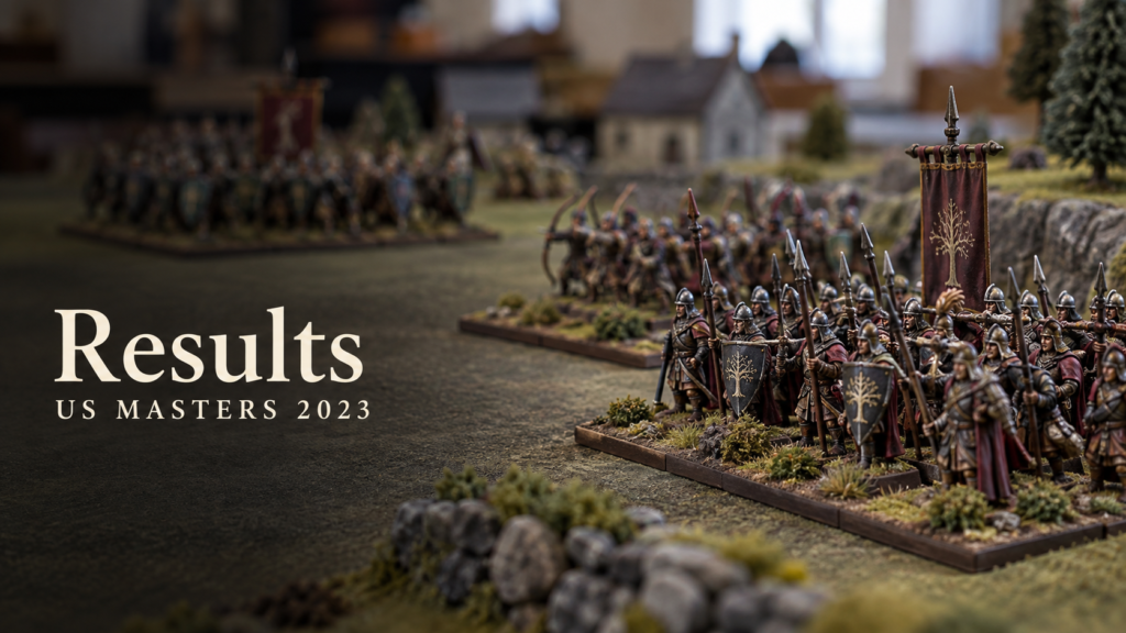 Results — US Masters 2023. Illustration of painted miniature regiments on a tabletop battlefield.