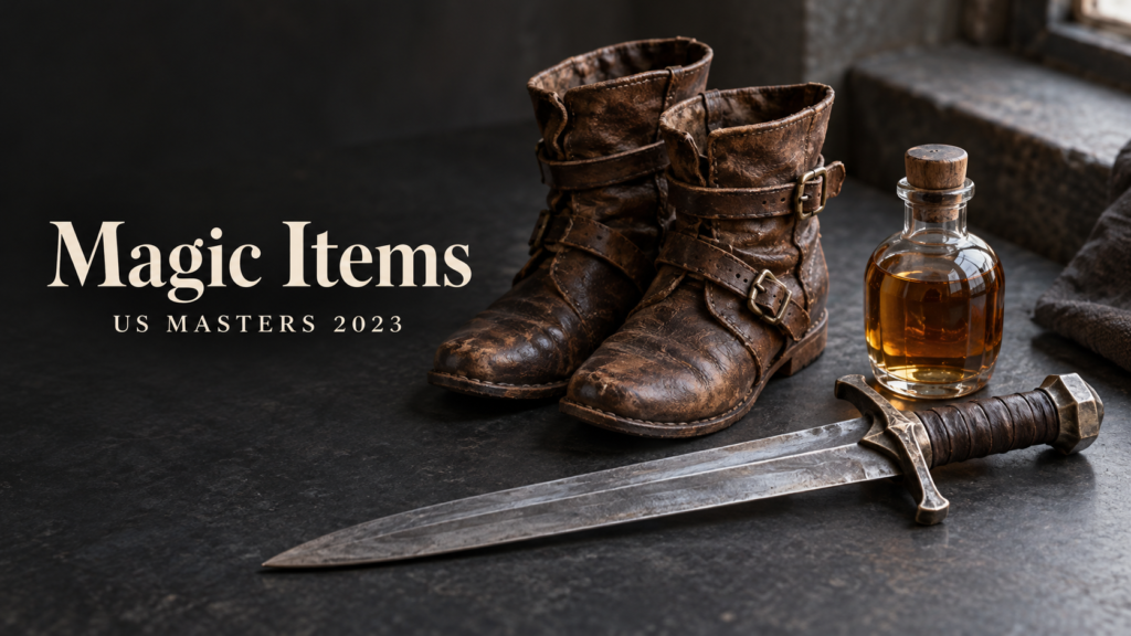 Magic Items — US Masters 2023. Illustrative still life of leather boots, a potion bottle, and a sword.