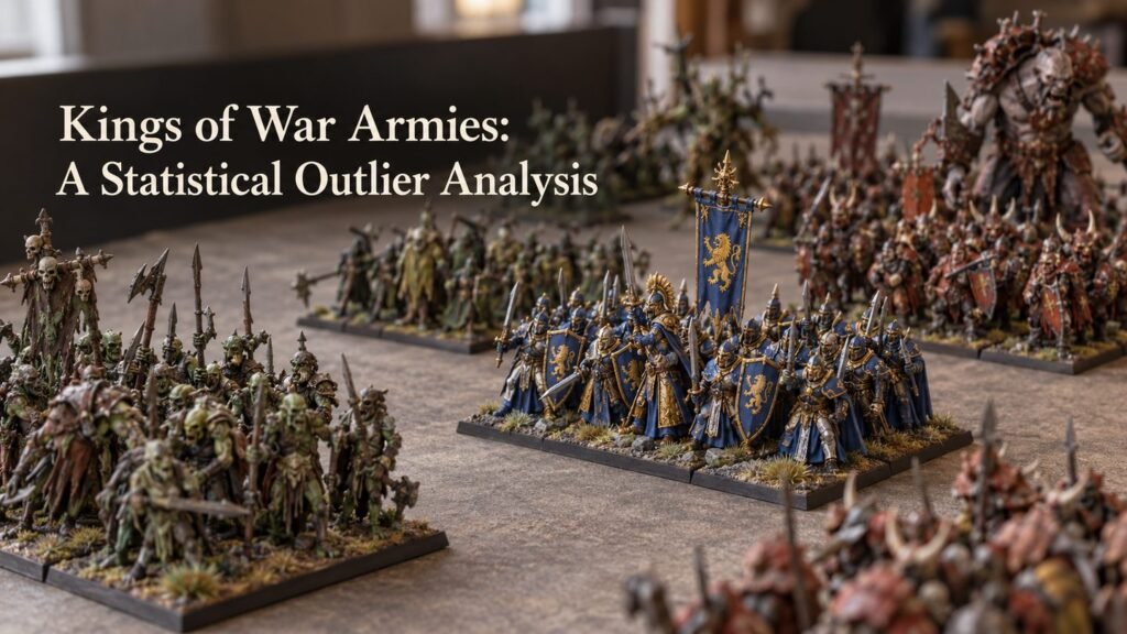 Illustrative scene of painted Kings of War army regiments arranged for comparison on a tabletop.