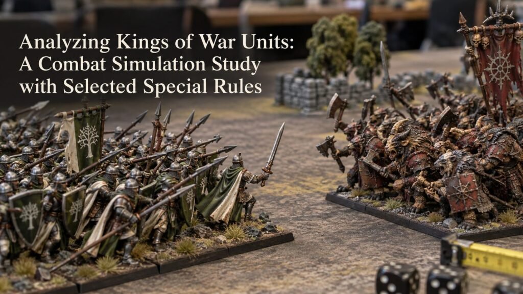 Illustrative scene of painted fantasy miniature regiments facing off on a tabletop.