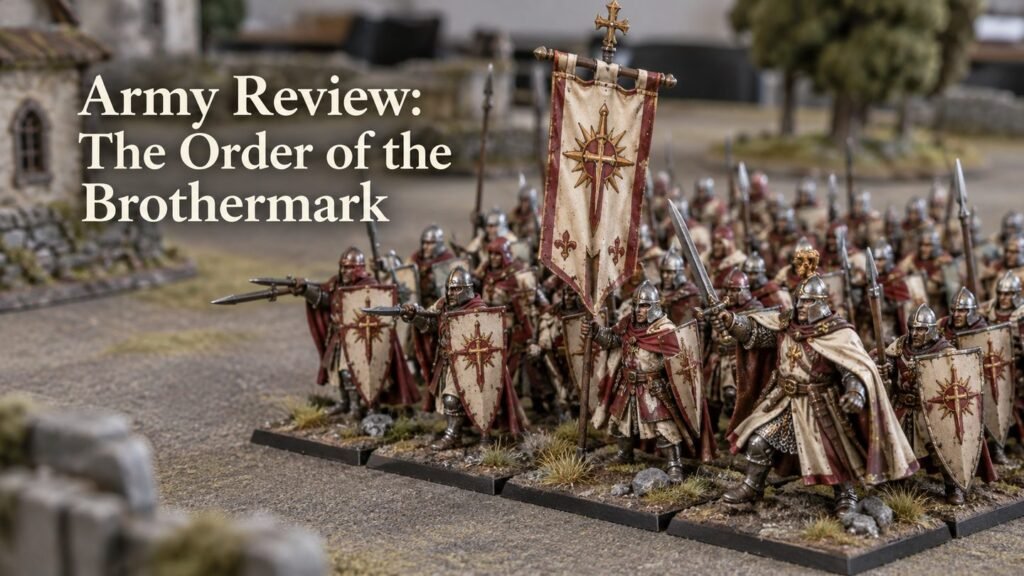 Illustrative scene of cream and red painted fantasy knight miniatures arranged as a regiment on a tabletop.