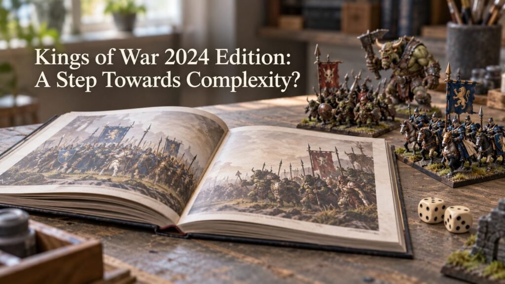 Illustrative open wargame rulebook with fantasy miniatures and dice on a gaming table.