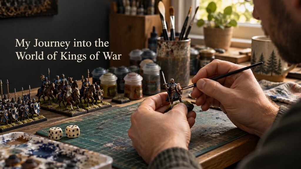 Illustrative hobby scene of a person painting a tabletop miniature at a workbench.