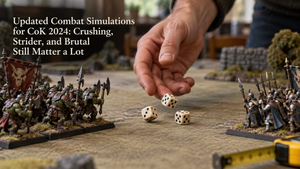 Illustrative tabletop scene of dice rolling between two painted fantasy miniature units.