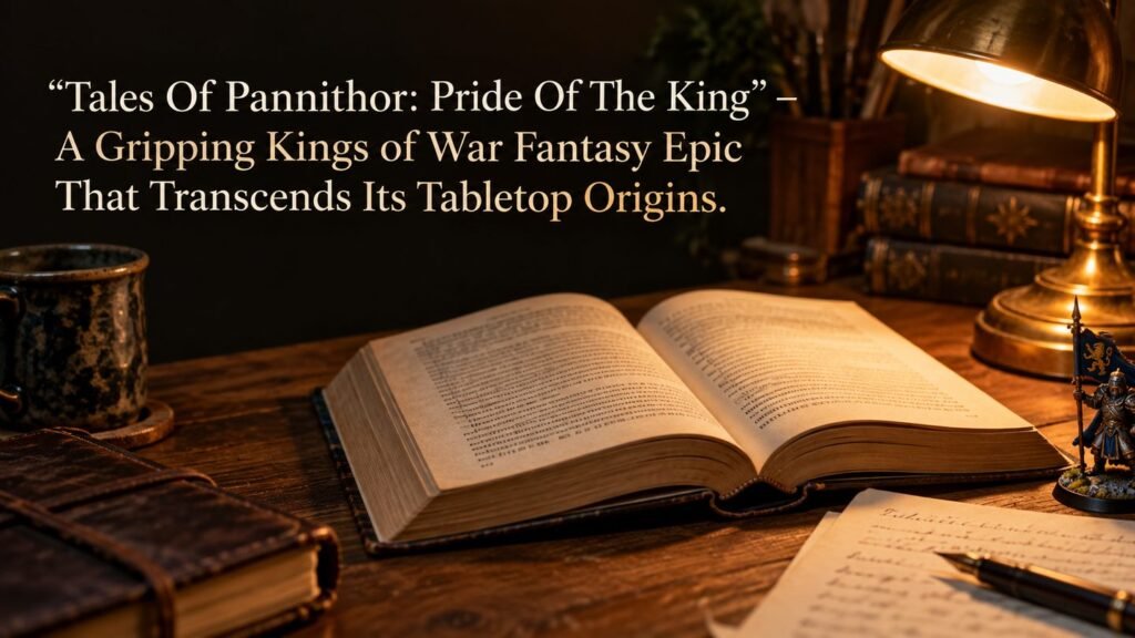 Fantasy paperback and reading notes on a warmly lit tabletop.