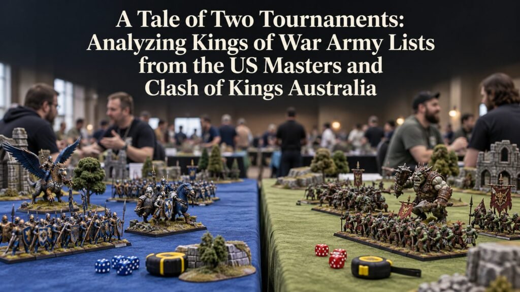 Two Kings of War tournament tables with players and painted armies.