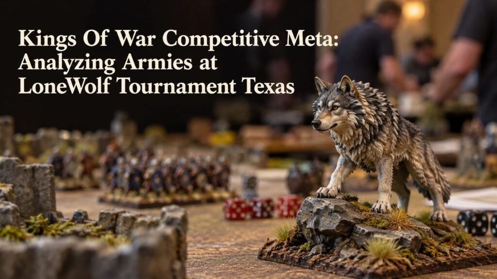 A painted wolf miniature on rocky terrain at a tournament table.