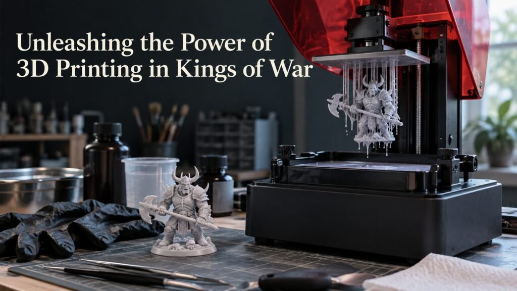 A resin 3D printer producing a fantasy miniature on a workbench.