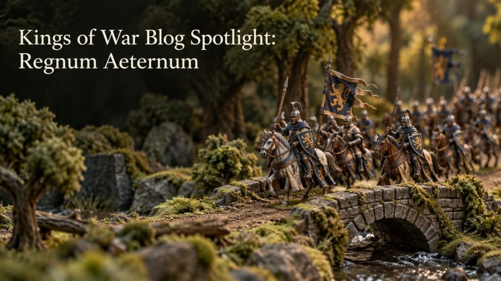 Painted cavalry miniatures crossing a wooded tabletop bridge.