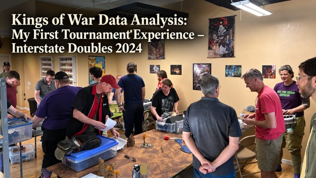 Players gather around tables during a Kings of War tournament.
