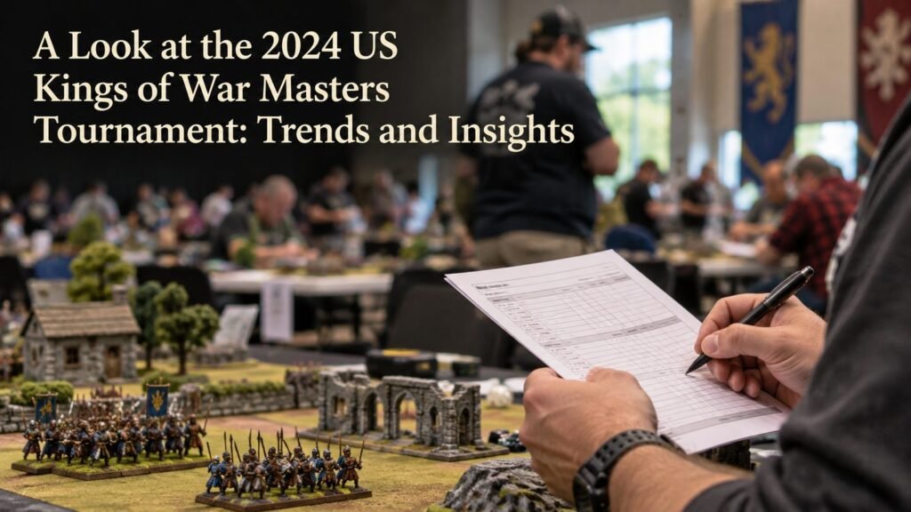A tournament player records results beside a Kings of War table.
