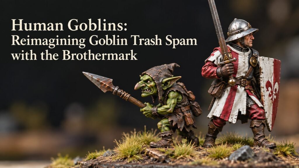 A painted goblin and Brothermark soldier miniatures on a terrain base.