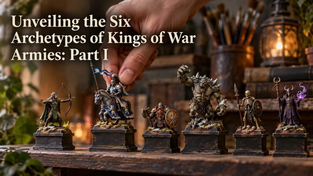 Six distinct painted miniatures displayed on a hobby shelf.