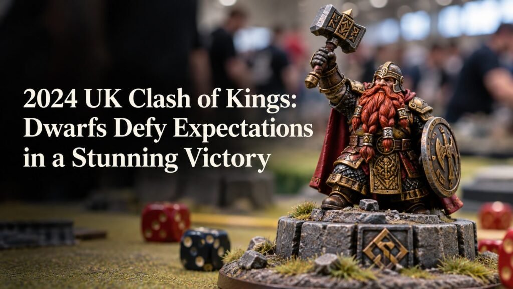 A painted dwarf champion raises a hammer on an objective marker.