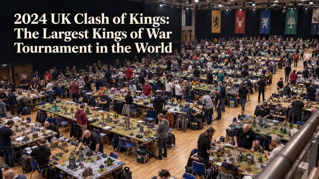 A large gaming hall filled with tournament tables and players.
