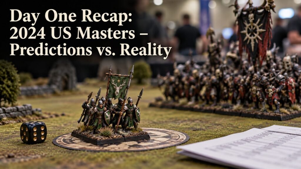 A small force stands on an objective beside dice and a tournament pairing sheet.