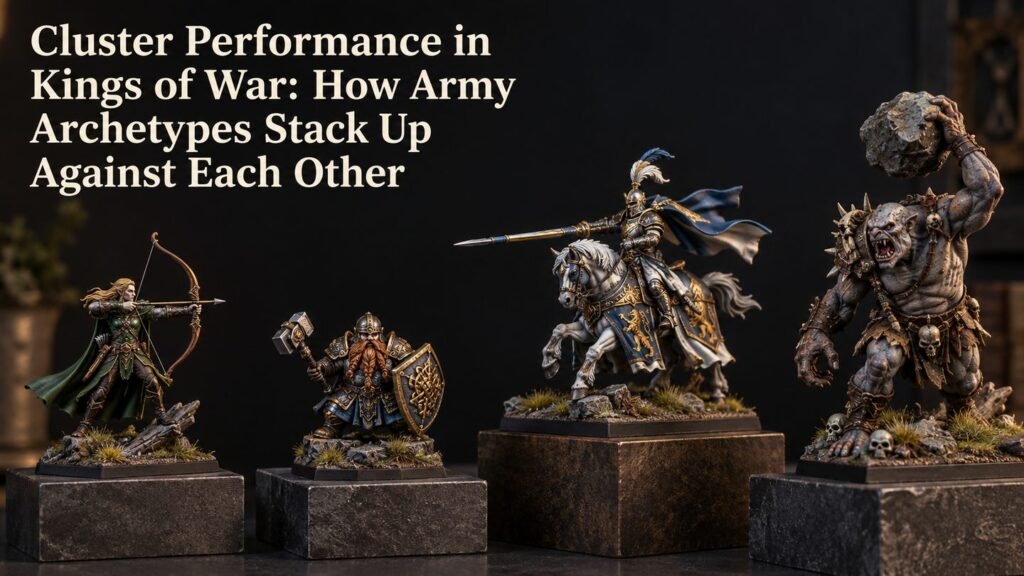 Different painted fantasy miniatures displayed on separate plinths.