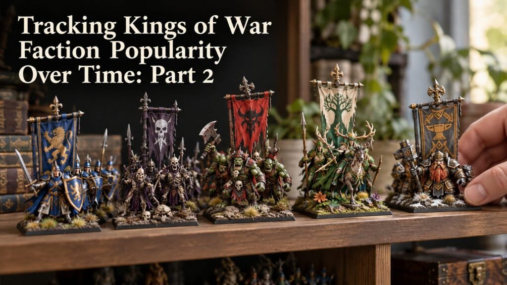 A shelf displays painted miniatures from several distinct factions.