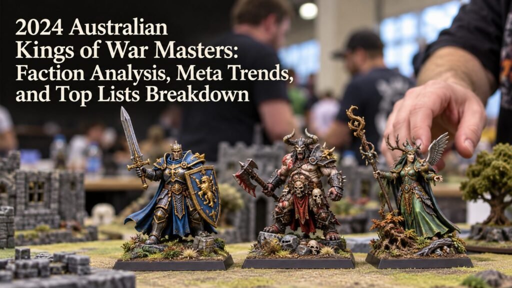 A player reaches toward three distinct fantasy faction miniatures.