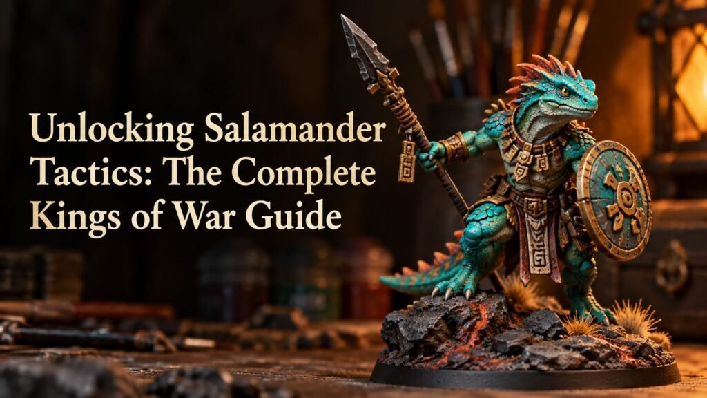 A painted Salamander warrior miniature on a volcanic display base.