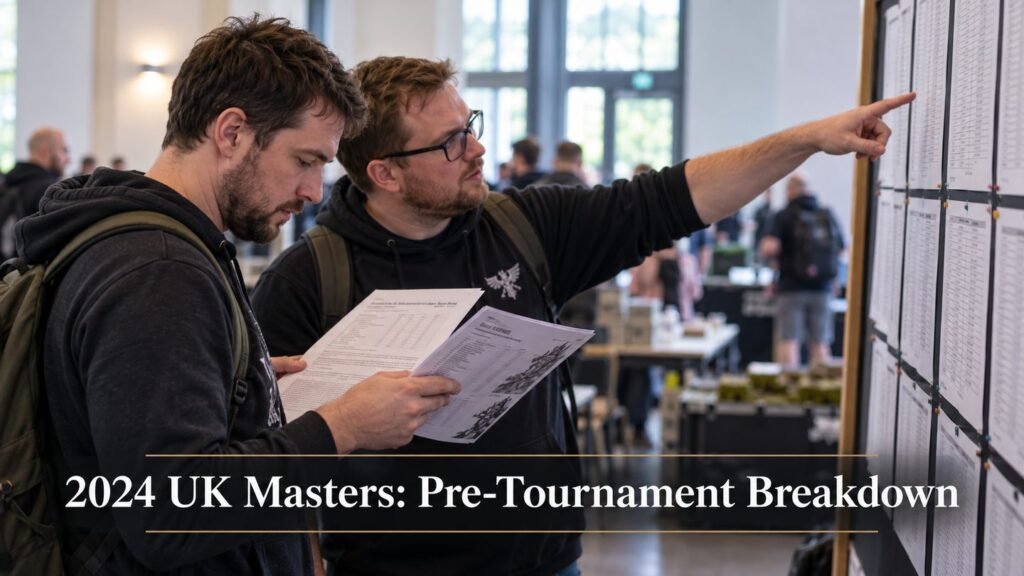 Two players review their army lists and pairings before a tournament round.