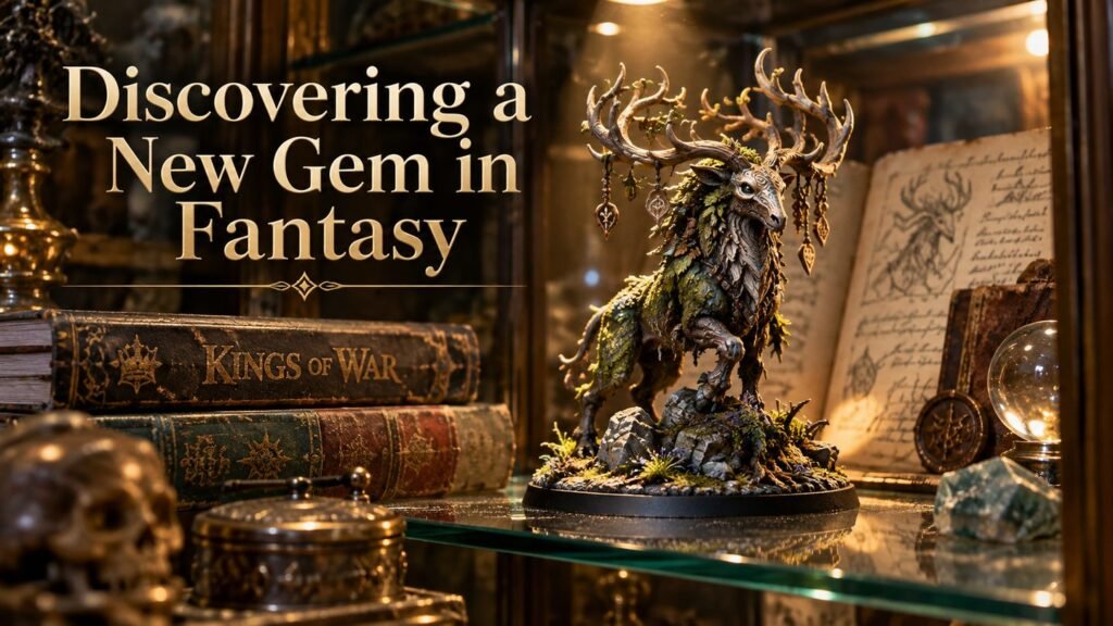 A single fantasy miniature displayed among old rulebooks and hobby notes in a glass cabinet.