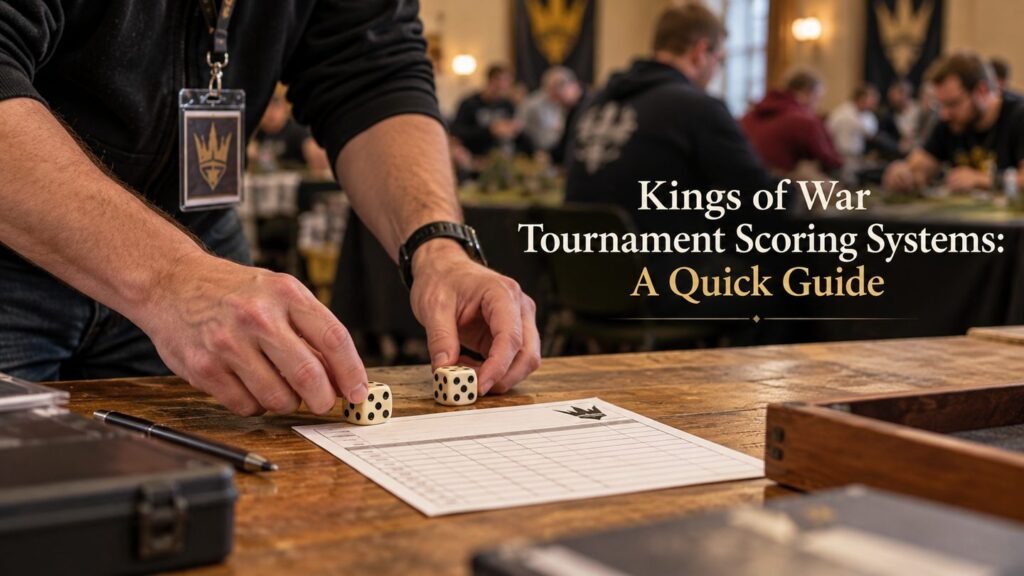 Tournament organizer places dice beside a score sheet at an event, with players and tables in the background.