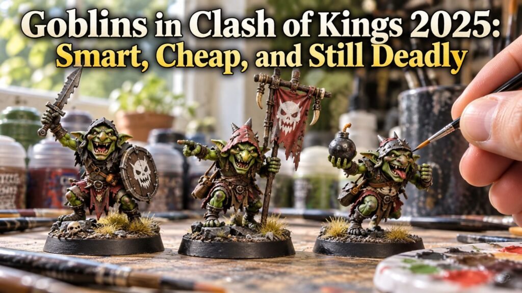 Three goblin miniatures at a hobby desk as a painter adds details with a fine brush.