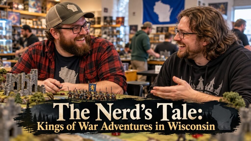 Two friends share a laugh at a Wisconsin game store beside miniatures and a Kings of War battlefield.