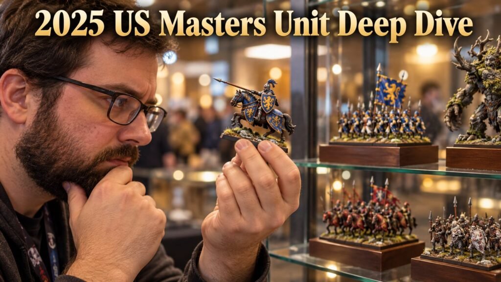 A player studies a painted cavalry miniature among display cases of varied units at a tournament.