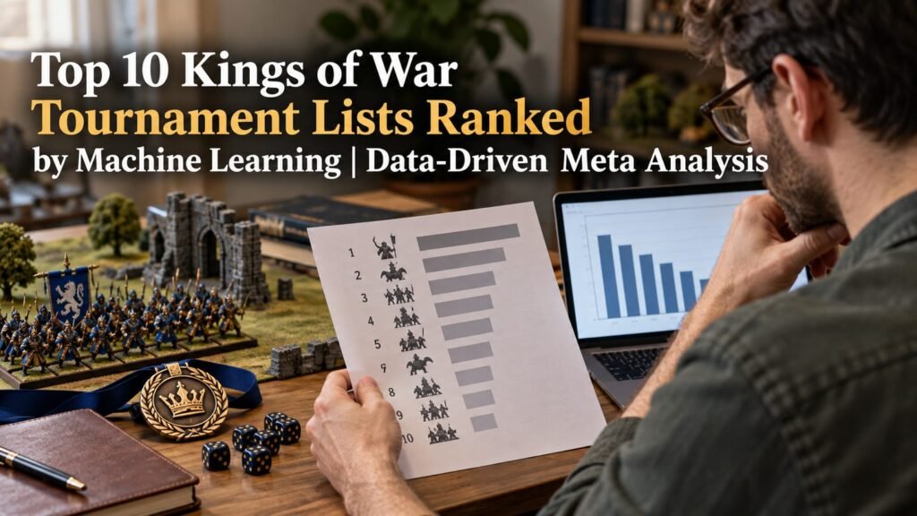 A tournament analyst reviews a ranked list beside a laptop with a simple bar chart.