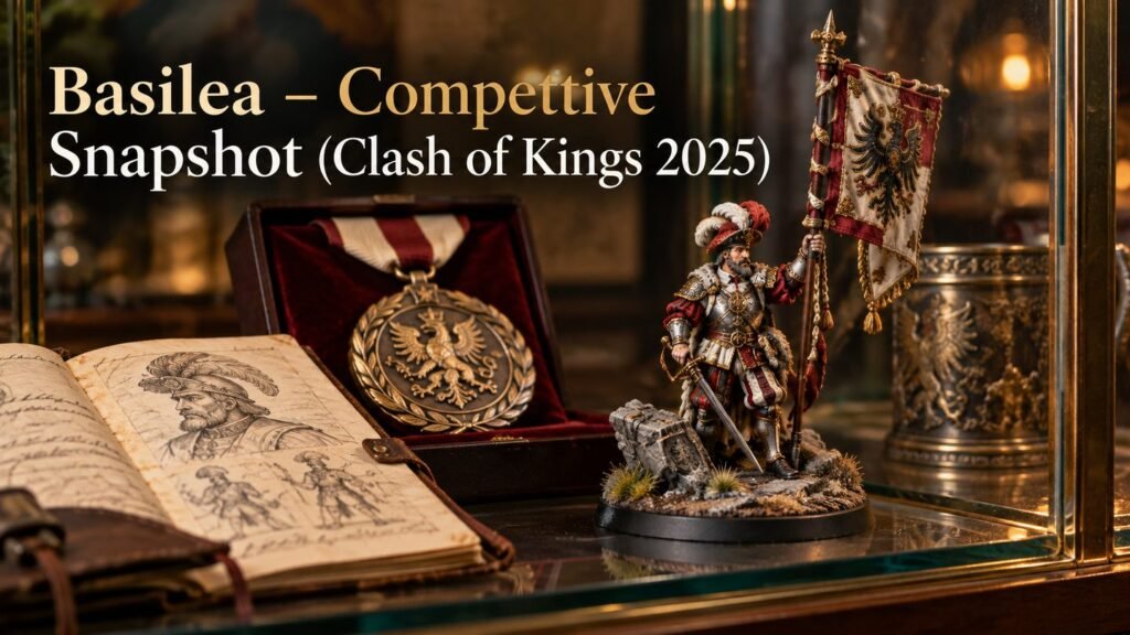 A Basilean miniature and tournament medal sit in a collector’s glass display case.