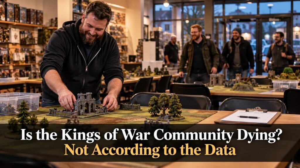 A game-store organizer prepares tables as players arrive for a Kings of War club night.