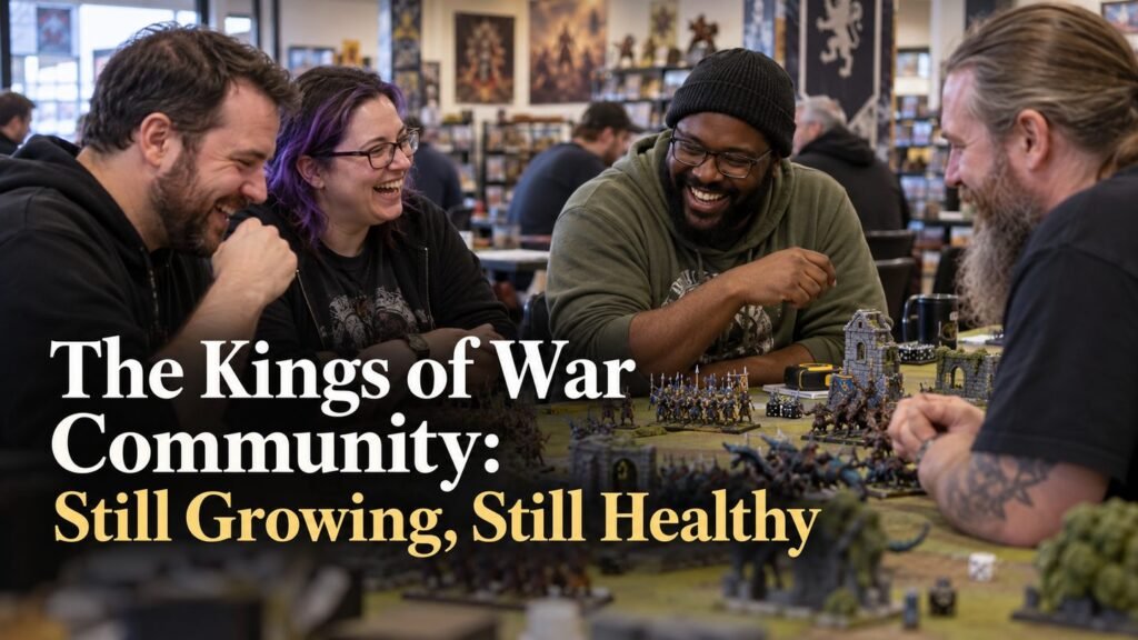 Players laugh together around a Kings of War table at a busy local game store.