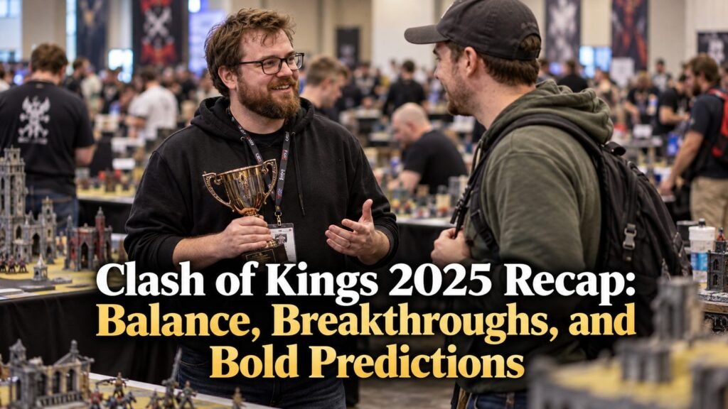A tournament player holds a trophy while chatting beside games at Clash of Kings 2025.