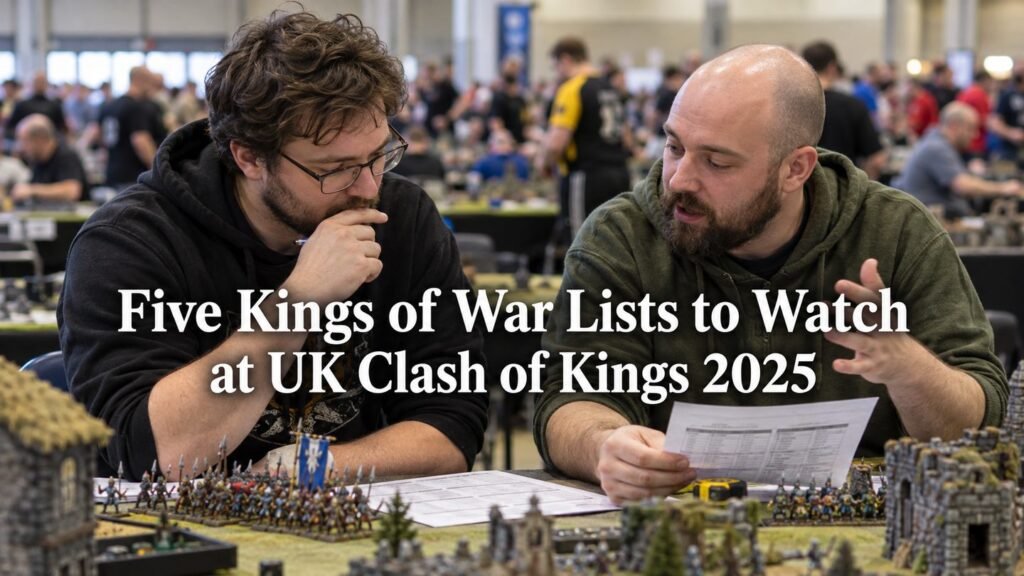 Two players compare army rosters during the UK Clash of Kings tournament.