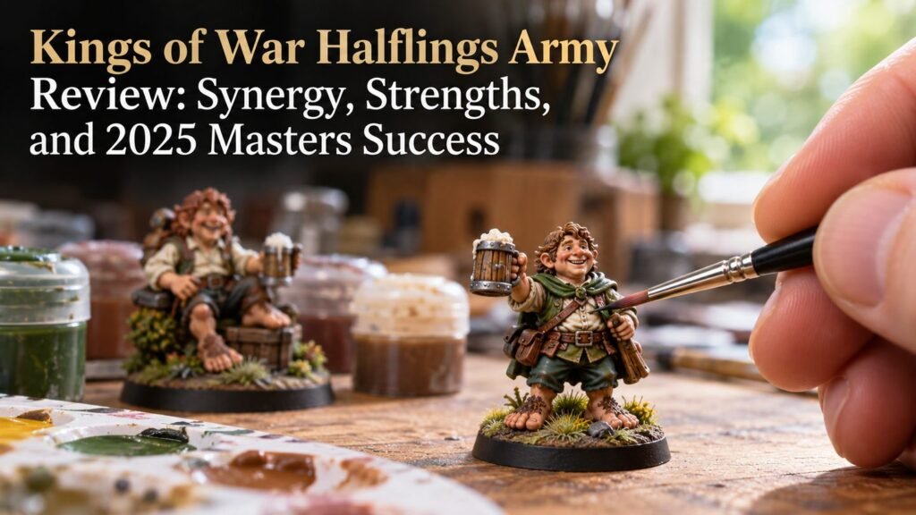 A hobbyist paints a halfling miniature with paint pots and finished models on the desk.