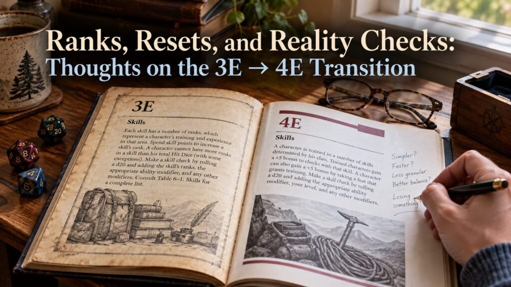 An open rulebook comparing editions lies beside dice and a player’s handwritten notes.
