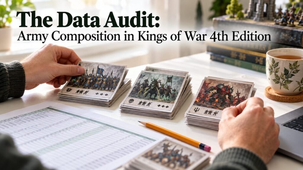 A player sorts army roster cards beside a simple composition worksheet and pencil.