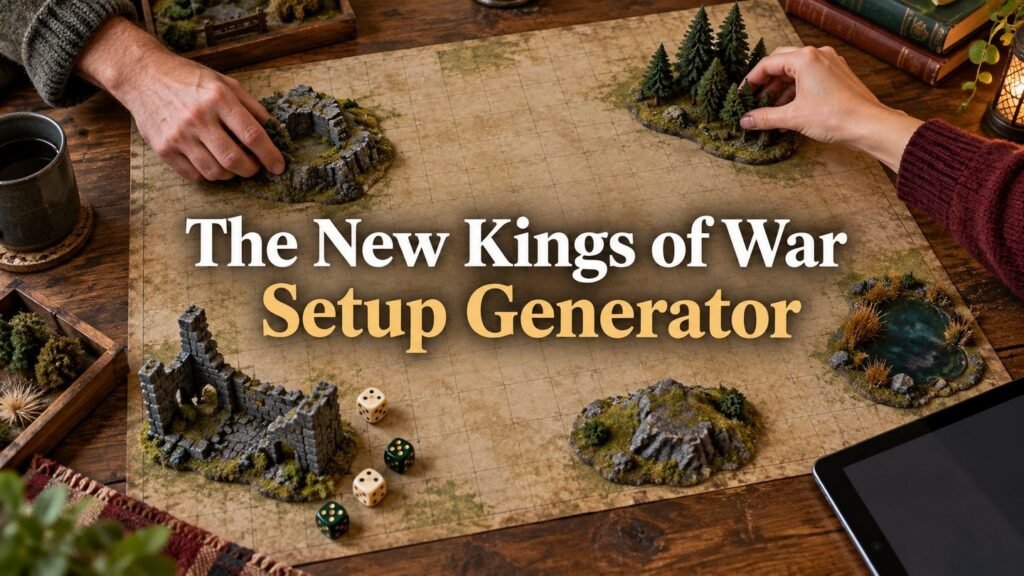 Hands arrange terrain pieces over a blank scenario map grid with dice at the edge.
