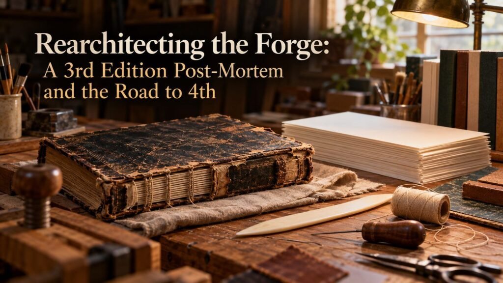 A worn rulebook and fresh pages sit on a bookbinder’s bench with repair tools.