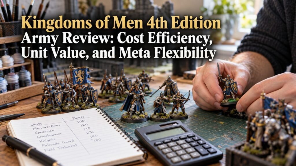 A hobbyist compares painted Kingdoms of Men miniatures beside a points notebook and calculator.