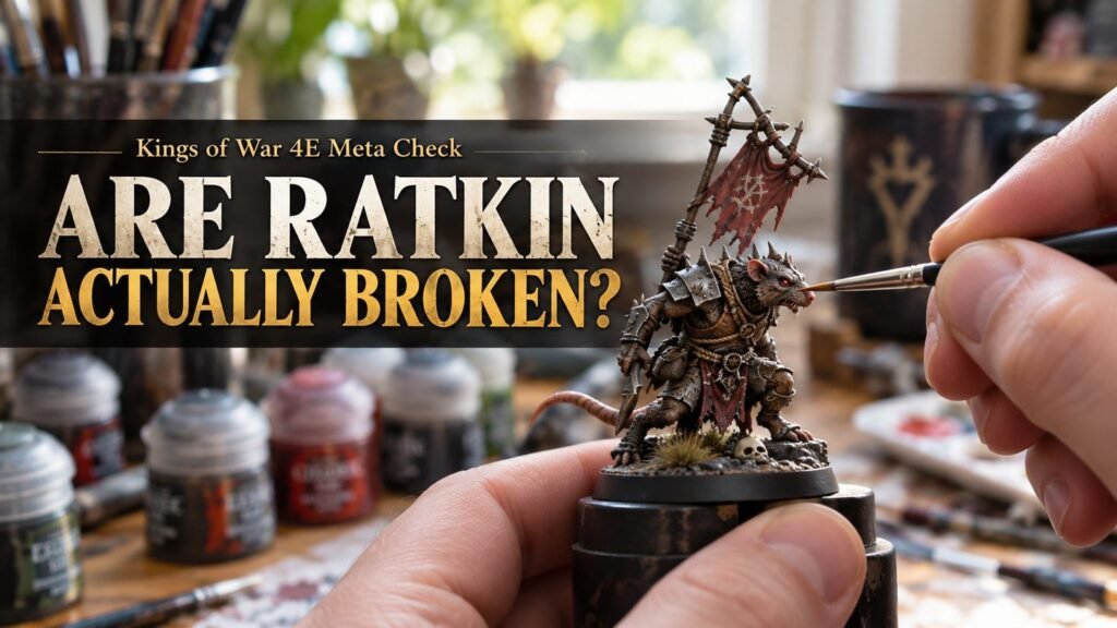 A hobbyist paints a rat-themed miniature at a neat desk with paint pots and brushes.