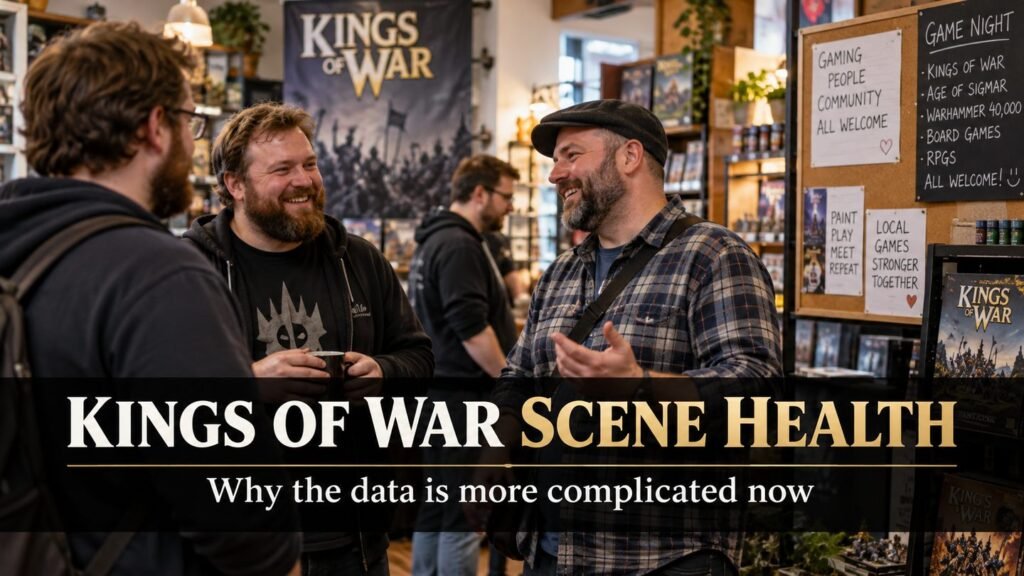 Members of a local game community talk beside a welcome board in a friendly game store.