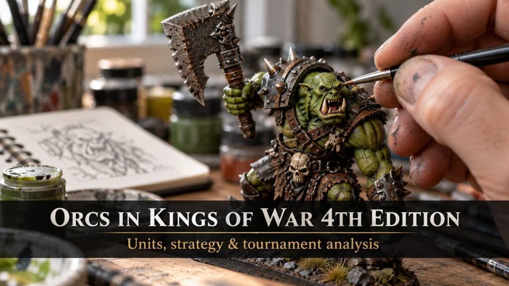 A hobbyist paints a green orc miniature at a tidy workbench with brushes and paint pots.