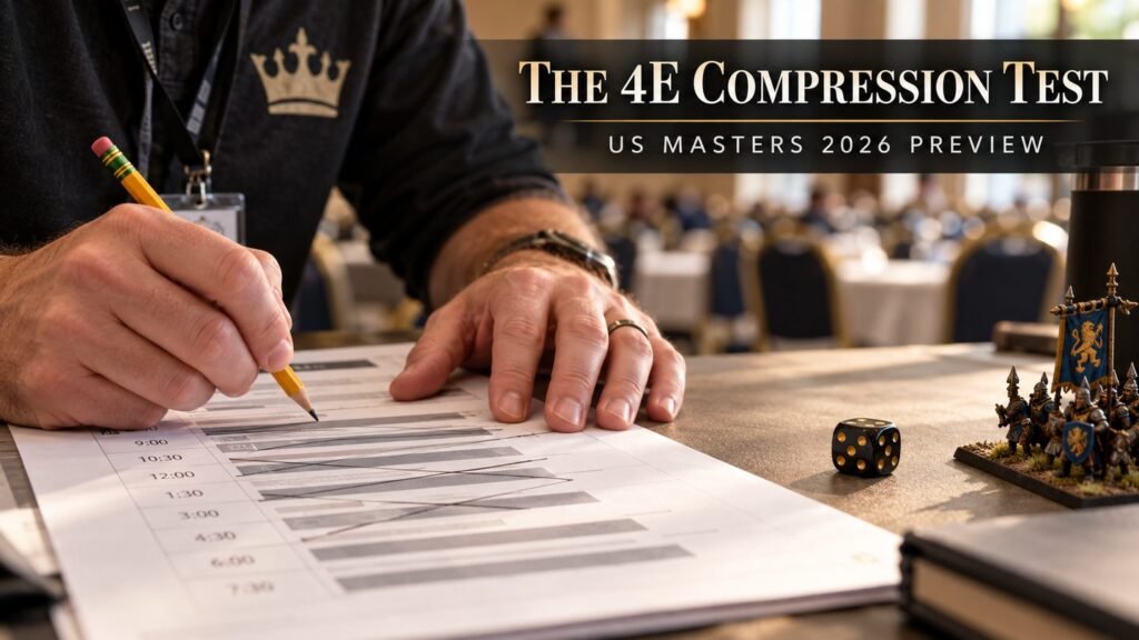 An organizer marks a tournament schedule with pencil as players gather in the hall.