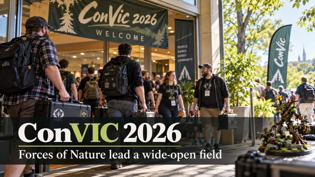 Players arrive at the ConVic convention hall carrying miniature cases beneath a welcome banner.