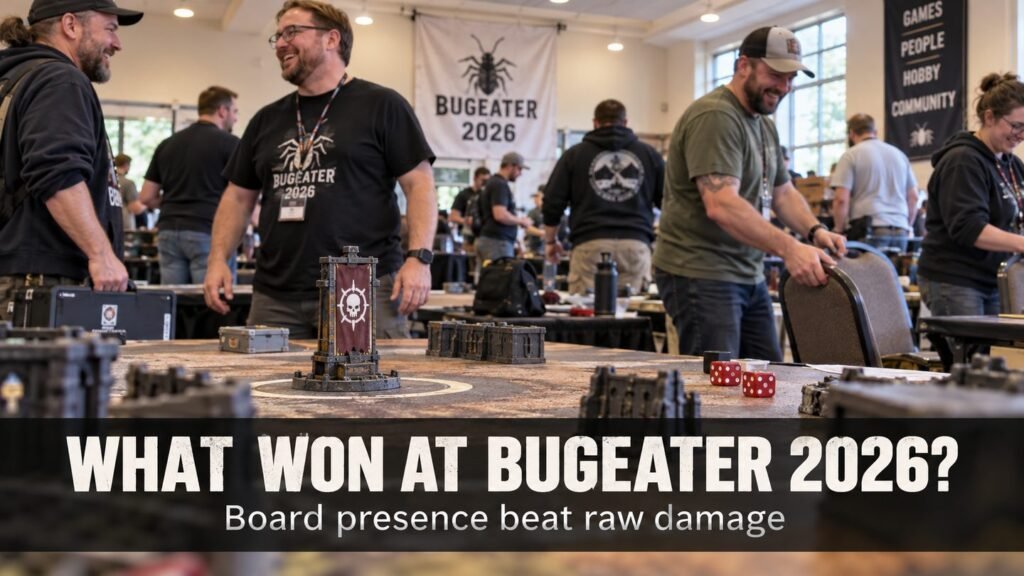 Players share a laugh after a round at Bugeater 2026 beside an objective marker and dice.