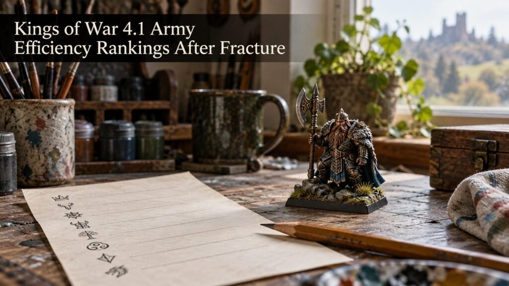 A painted fantasy miniature rests on a sunlit hobby workbench beside a simple ranking sheet and pencil.