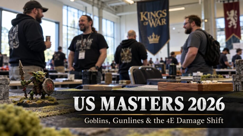 Players talk in a bright Kings of War tournament hall beside a goblin miniature.